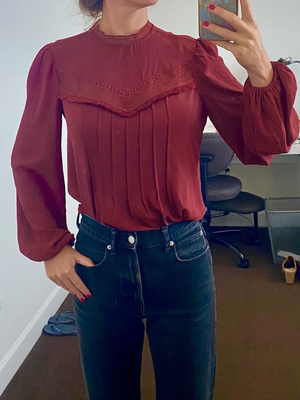 Ann Taylor Burgundy Long-Sleeve Pintuck Blouse
